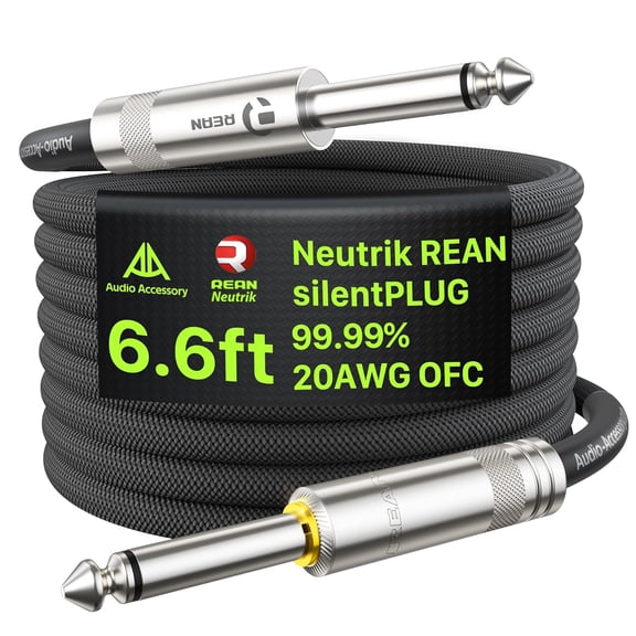 Silent Guitar Cable 6.6ft, Neutrik REAN silentPLUG, Kevlar-Reinforced Nylon Braided Anti-Kinking, Auto Mute 20 AWG 99.99% OFC 1/4 Instrument Cable, Shielded Amp Cord for Bass Guitar