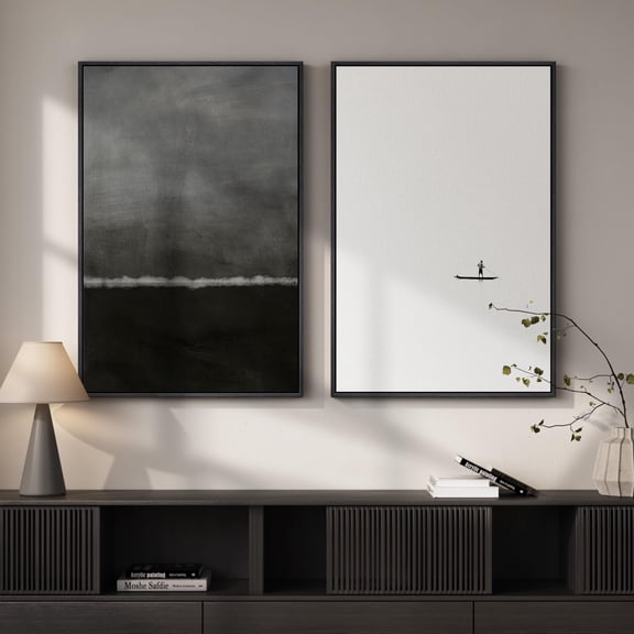 Silent Horizon 24" W x 36" H x 2Pcs Canvas Art Prints Black and White Abstract Seascape Wall Decor