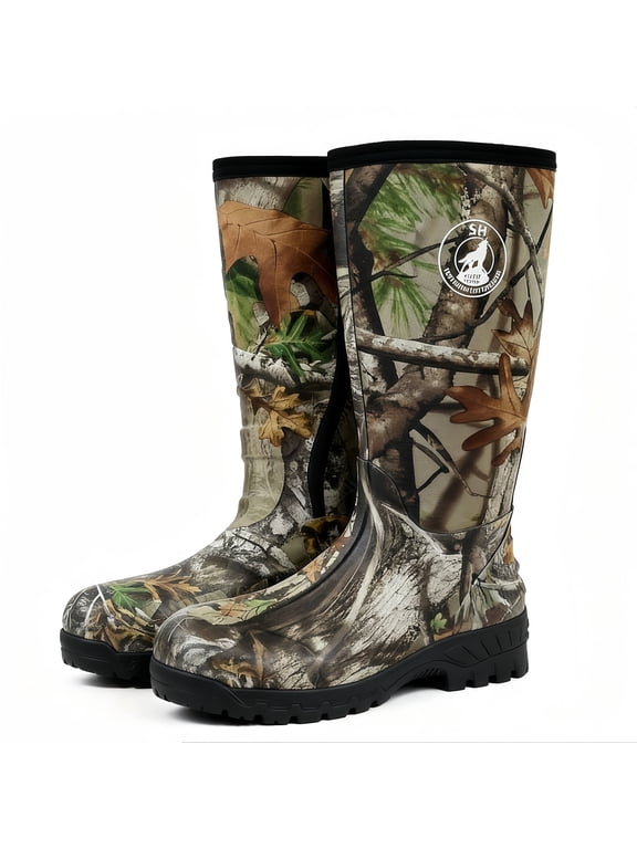 Men's Hunting Boots, Odor-Control Lining, 600g Warmth, Waterproof Insulated Rubber Boots with 5mm Neoprene, Lightweight EVA Outsole, Adjustable Calf Gusset, Slip-Resistant Grip