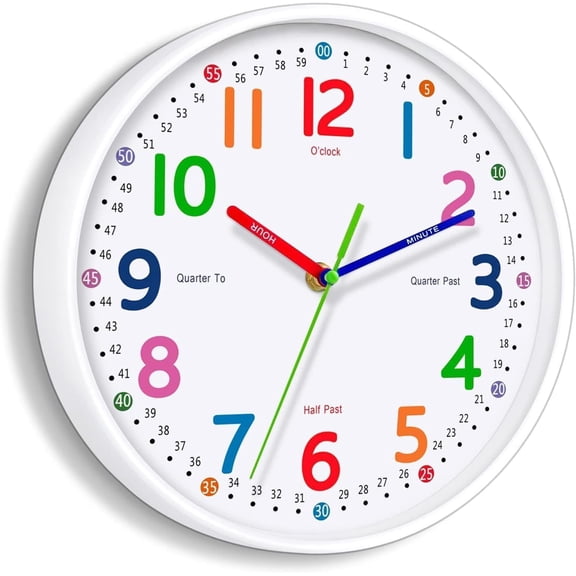 Silent Kids Wall Clock  Non-Ticking, Battery-Powered, Ideal for Teaching Time and Stylish Dcor in Any Room - 8 Inch