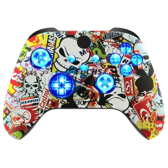 Silent Modz Custom Modded Controller 7 LED Colors Trigger Stopper w/Pro Grips compatible with Xbox Series S, Xbox Series X, Xbox One, and Windows (Sticker Bomb)