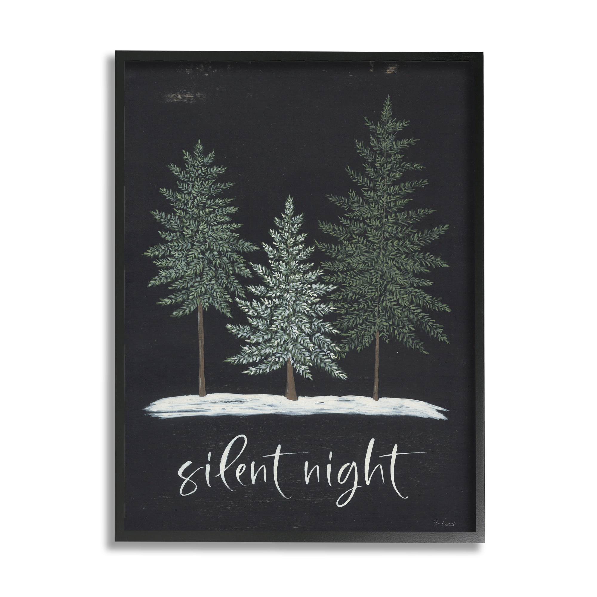 Silent Night Black Weathered Phrase Sign Fir Trees Inspirational Graphic Art Framed Art Print Wall Art