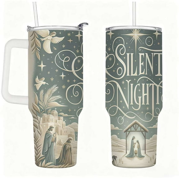 Silent Night Nativity Christmas Tumbler with Lid and Straw, Holy Night Christian Travel Cup