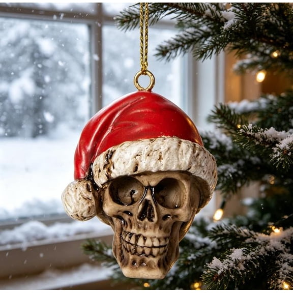 Silent Night Santa Skull Baubles Macabre Xmas Tree Accent for Horror Enthusiasts, Hand-Painted Resin with Realistic Detail