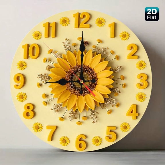 Silent Non-Ticking Round Wall Clock, 3D Style Sunflower with Dried Wildflowers Wall Clock, Bright Floral Decorative Hanging Clock for Kitchen Living Room Farmhouse Home Decor