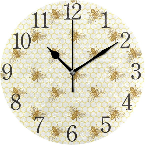 Silent Non Ticking Round Wall Clock, Bee and Honeycomb Vintage Home Decor Battery Operated for Living Room, Kitchen, Bedroom