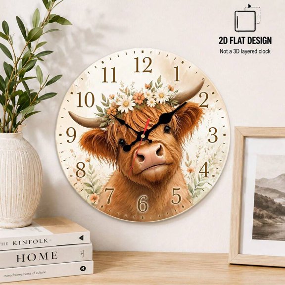 Silent Non-Ticking Round Wall Clock, Cute Highland Cow with Floral Flower Crown Wall Clock, Rustic Farm Animal Watercolor Decorative Hanging Clock for Farmhouse Kitchen Living Room Decor
