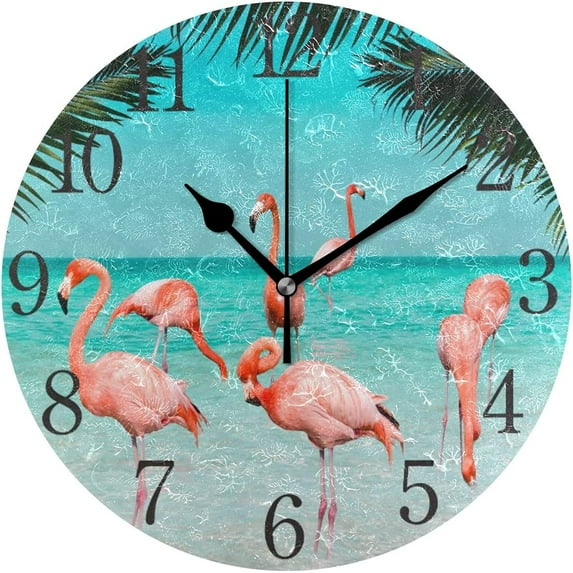 Silent Non Ticking Round Wall Clock, Flamingo Summer Beach Home Decor Battery Operated for Living Room, Kitchen, Bedroom