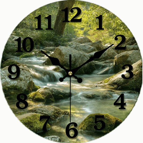 Silent Non-Ticking Round Wall Clock, Forest Stream Waterfall Nature Landscape Wall Clock, Green Woodland Creek Mossy Rocks Decorative Hanging Quartz Clock for Living Room Cabin Rustic Home Decor
