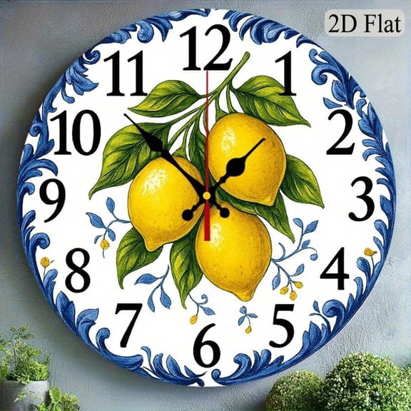 Silent Non-Ticking Round Wall Clock, Mediterranean Blue Scroll Lemon with Green Leaves Wall Clock, Italian Ceramic Style Decorative Hanging Clock for Kitchen Dining Room Home Decor