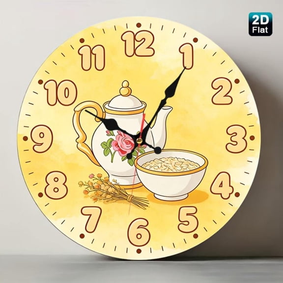 Silent Non-Ticking Round Wall Clock, Vintage Floral Teapot and Cereal Bowl Wall Clock, Cute Watercolor Breakfast Kitchen Decorative Hanging Clock for Dining Room Home Decor