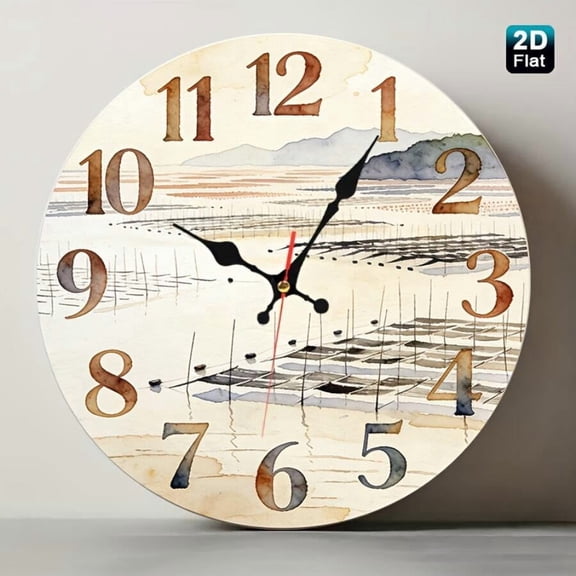 Silent Non-Ticking Round Wall Clock, Watercolor Ink Wash Coastal Fishing Village Wall Clock, Minimalist Zen Sea Farm Landscape Decorative Hanging Clock for Living Room Bedroom Office Decor
