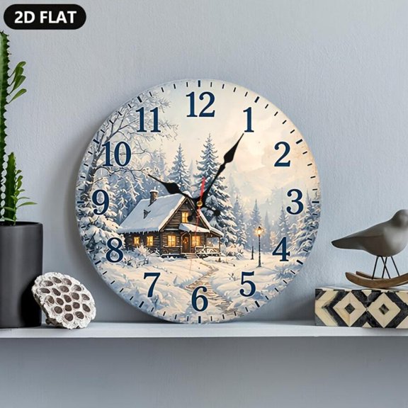 Silent Non-Ticking Round Wall Clock, Winter Snowy Log Cabin Wall Clock, Rustic Pine Forest Cottage Scene Decorative Hanging Clock for Living Room Bedroom Farmhouse Christmas Decor