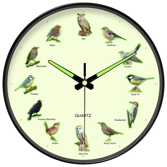Silent Non-Ticking Wall Clock, Bird Design with Glow-in-The-Dark Feature