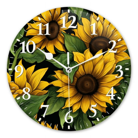 Silent Non-Ticking Wall Clock Quartz,Modern Round Clocks Decor for Living Room,Office,Kitchen-Sunflowers With Green Leaves On Black Background(16inch)
