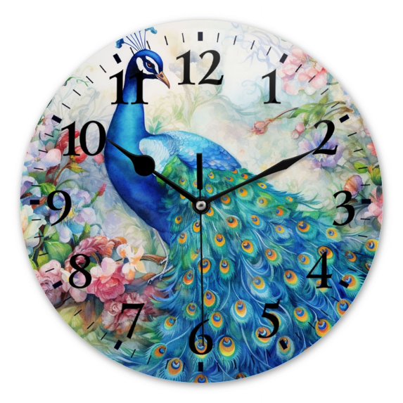 Silent Non-Ticking Wall Clock Quartz,Modern Round Clocks Decor for Living Room,Office,Kitchen-Watercolor Painting Of Peacock With Beautiful Blue Feathers(16inch)