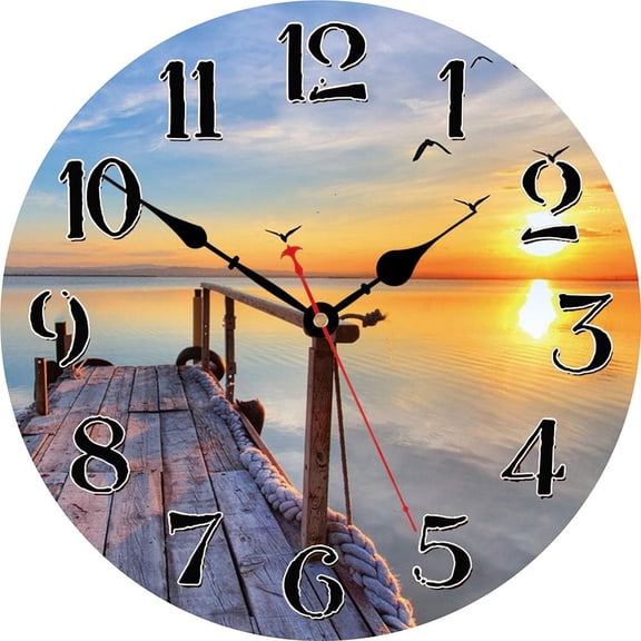 Silent Non-Ticking Wooden Round Wall Clock Big Arabic Numerals Wall Clocks Sunset by The Sea Beach Pattern Clock Battery Operated Home Decor Hanging Clocks