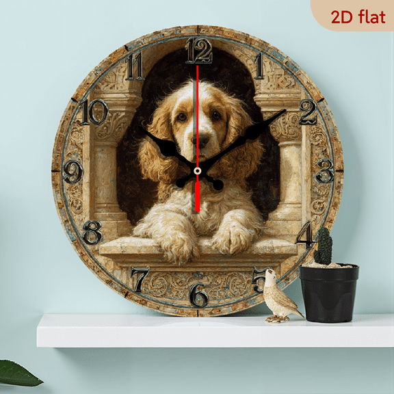 Silent Non-Ticking Wooden Wall Clock with Cocker Spaniel Dog Portrait - Large Round Ornate Face, Black Hands Golden Numerals, 10inch Battery-Free (No Battery) for Living Room, Kitchen