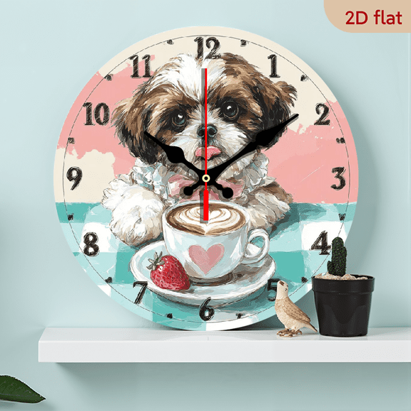 Silent Non-Ticking Wooden Wall Clock - Shih Tzu Dog Design with Coffee Strawberries, Large Easy-Read Black Hands, 10inch Round Battery-Free (No Battery) for Living Room, Kitchen