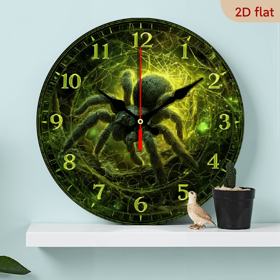 Silent Non-Ticking Wooden Wall Clock - Spider-Themed Decorative Circular Clock with Green Web Design, 10inch for Foyer, Kitchen, Home Office, Studio, Guest Room (No Battery Included)