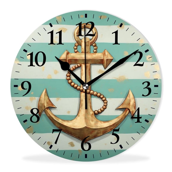 Silent Quartz Wall Clocks Non-Ticking Battery Operated Battery Operated Modern Wall Clocks for Office-Gold Anchor Dots Stripes Printed Painting(14inch)