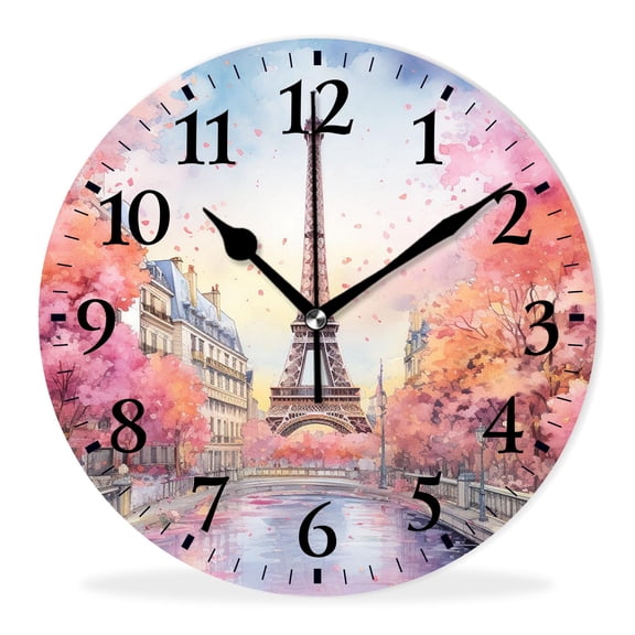 Silent Quartz Wall Clocks Non-Ticking Battery Operated Battery Operated Modern Wall Clocks for Office-Oil Painting Paris France City Eiffel Tower Art(14inch)