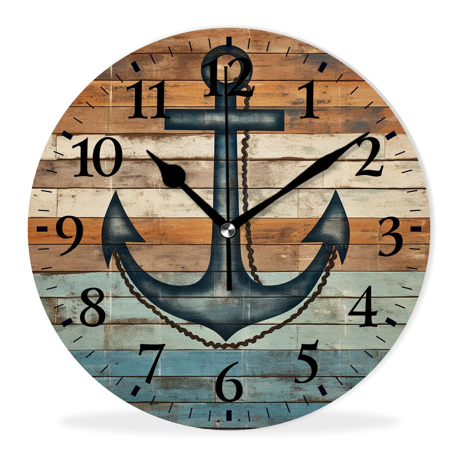 Silent Quartz Wall Clocks Non-Ticking Battery Operated Battery Operated Modern Wall Clocks for Office-Rustic Nautical Anchor(14inch)