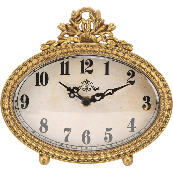 Silent Small Oval Mantel Clock, Battery Operated Rustic Gold Analog Desk or Shelf Clock for Bedroom Home Office Living Room