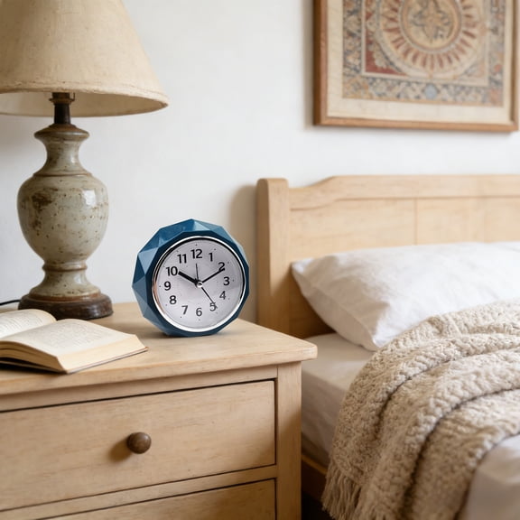 Silent Snooze Bedside Alarm Clock with Soft Night Light Diamond Shape Design Quiet Sweep Movement Loud Melodious Music Alarm Battery Operated for Office Study Room Bedroom Kids Adults Heavy Sleepers