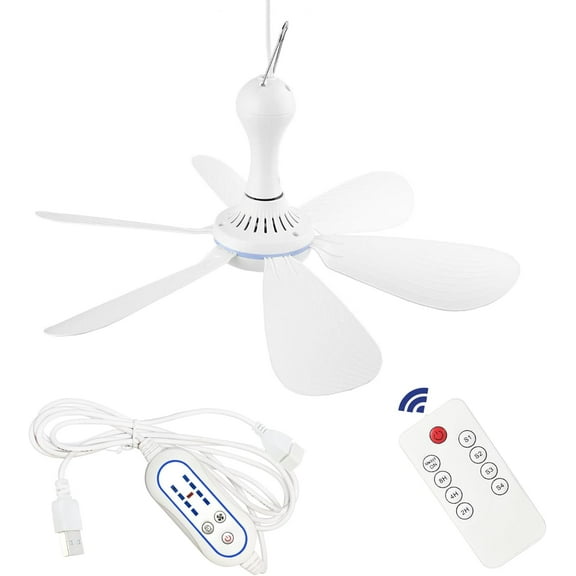Silent USB Powered Ceiling Fan with Remote Control Timing 4 Speed, Quiet Small DC Plug in Ceiling Fan Hanging Fan for Camping Bed RV Tent Canopy Room