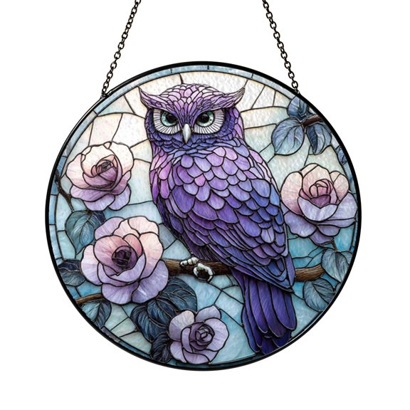 Silent Violet Mystic Owl and Blooming Roses Spring Suncatcher Decor
