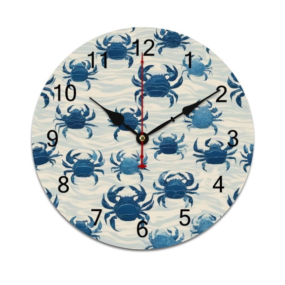 Silent Wall Clock 25cm/9.84in Round Wall Clock Crab Blue Hanging Clock for Home Living Room Bedroom Kitchen Non Ticking Battery Operated Living Room Mute Clock