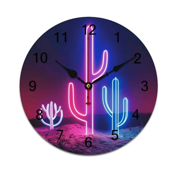 Silent Wall Clock 25cm/9.84in Round Wall Clock Neon Cactus Desert Hanging Clock for Home Living Room Bedroom Kitchen Non Ticking Battery Operated Living Room Mute Clock