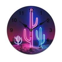 Silent Wall Clock 25cm/9.84in Round Wall Clock Neon Cactus Desert Hanging Clock for Home Living Room Bedroom Kitchen Non Ticking Battery Operated Living Room Mute Clock