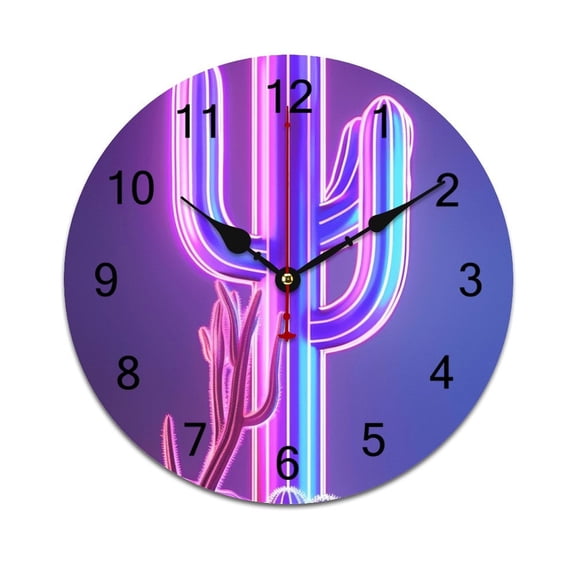 Silent Wall Clock 25cm/9.84in Round Wall Clock Neon Cactus Desert Hanging Clock for Home Living Room Bedroom Kitchen Non Ticking Battery Operated Living Room Mute Clock