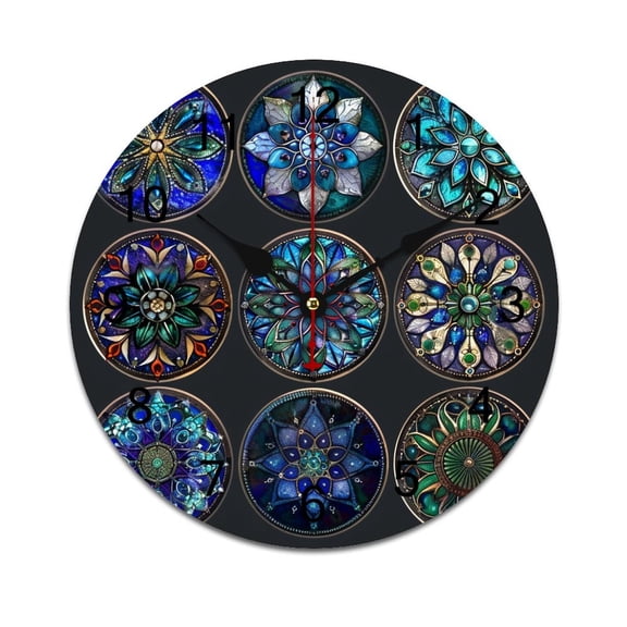 Silent Wall Clock 25cm/9.84in Round Wall Clock Retro Mandala Glass Flower Hanging Clock for Home Living Room Bedroom Kitchen Non Ticking Battery Operated Living Room Mute Clock