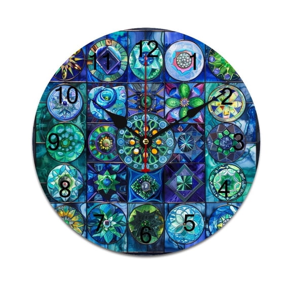 Silent Wall Clock 25cm/9.84in Round Wall Clock Retro Mandala Glass Flower Hanging Clock for Home Living Room Bedroom Kitchen Non Ticking Battery Operated Living Room Mute Clock