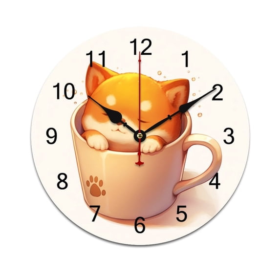 Silent Wall Clock 25cm/9.84in Round Wall Clock Shiba Inu In Cup Hanging Clock for Home Living Room Bedroom Kitchen Non Ticking Battery Operated Living Room Mute Clock