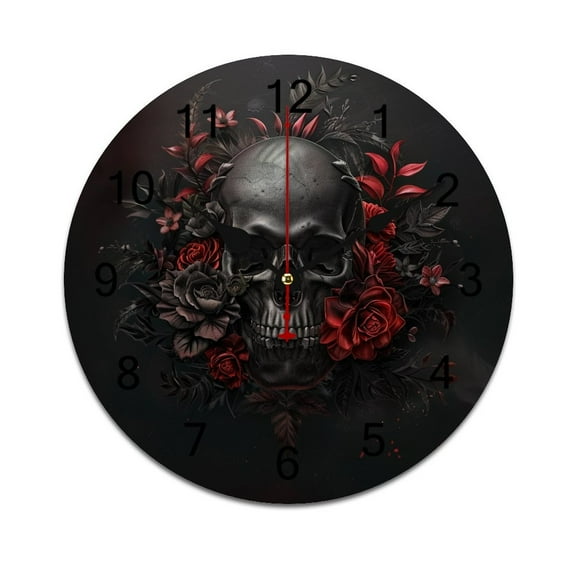 Silent Wall Clock 25cm/9.84in Round Wall Clock Dark Skull Flower Hanging Clock for Home Living Room Bedroom Kitchen Non Ticking Battery Operated Living Room Mute Clock