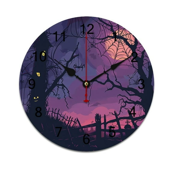 Silent Wall Clock 25cm/9.84in Round Wall Clock Halloween Haunted House Scary Pumpkin Hanging Clock for Home Living Room Bedroom Kitchen Non Ticking Battery Operated Living Room Mute Clock