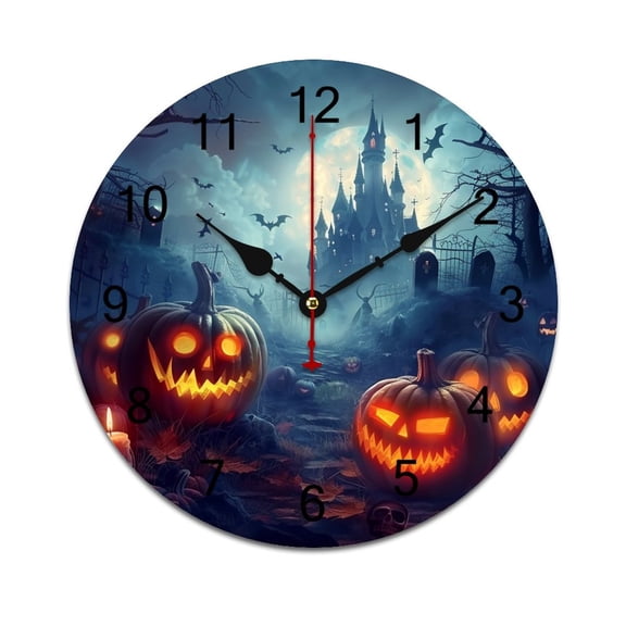 Silent Wall Clock 25cm/9.84in Round Wall Clock Halloween Haunted House Scary Pumpkin Hanging Clock for Home Living Room Bedroom Kitchen Non Ticking Battery Operated Living Room Mute Clock