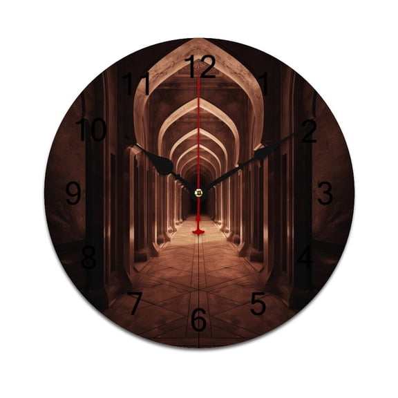 Silent Wall Clock 25cm/9.84in Round Wall Clock Islamic Architecture Hanging Clock for Home Living Room Bedroom Kitchen Non Ticking Battery Operated Living Room Mute Clock