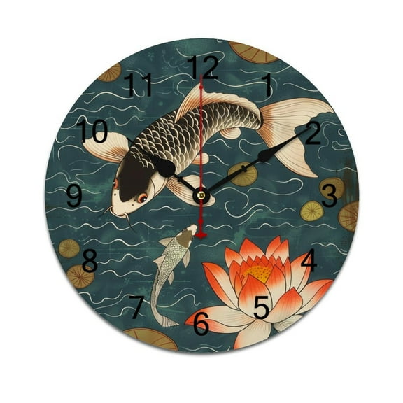 Silent Wall Clock 25cm/9.84in Round Wall Clock Koi Fish Vintage Japanese Hanging Clock for Home Living Room Bedroom Kitchen Non Ticking Battery Operated Living Room Mute Clock