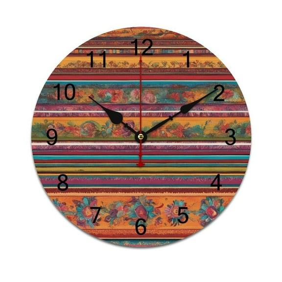 Silent Wall Clock 25cm/9.84in Round Wall Clock Mexican BOHO Strips Hanging Clock for Home Living Room Bedroom Kitchen Non Ticking Battery Operated Living Room Mute Clock
