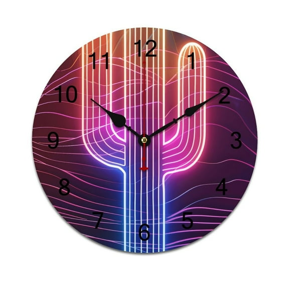 Silent Wall Clock 25cm/9.84in Round Wall Clock Neon Cactus Desert Hanging Clock for Home Living Room Bedroom Kitchen Non Ticking Battery Operated Living Room Mute Clock
