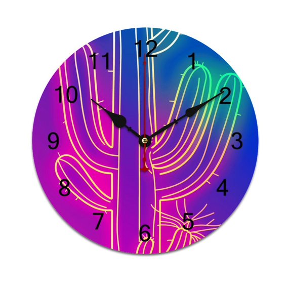 Silent Wall Clock 25cm/9.84in Round Wall Clock Neon Cactus Hanging Clock for Home Living Room Bedroom Kitchen Non Ticking Battery Operated Living Room Mute Clock
