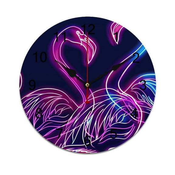 Silent Wall Clock 25cm/9.84in Round Wall Clock Neon Flamingo Hanging Clock for Home Living Room Bedroom Kitchen Non Ticking Battery Operated Living Room Mute Clock
