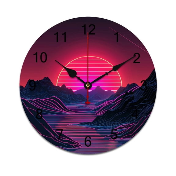 Silent Wall Clock 25cm/9.84in Round Wall Clock Neon Valley Cyber Future Hanging Clock for Home Living Room Bedroom Kitchen Non Ticking Battery Operated Living Room Mute Clock