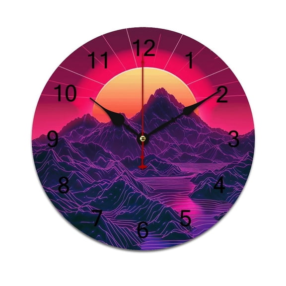 Silent Wall Clock 25cm/9.84in Round Wall Clock Neon Valley Cyber Future Hanging Clock for Home Living Room Bedroom Kitchen Non Ticking Battery Operated Living Room Mute Clock