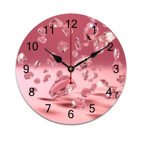 Silent Wall Clock 25cm/9.84in Round Wall Clock Pink Crystals Hanging Clock for Home Living Room Bedroom Kitchen Non Ticking Battery Operated Living Room Mute Clock